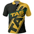 Personalised Tasmania Oztag Polo Shirt Black Gold Aboriginal Pattern