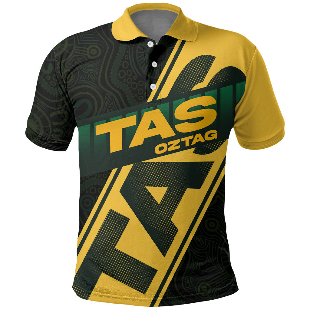 Personalised Tasmania Oztag Polo Shirt Black Gold Aboriginal Pattern