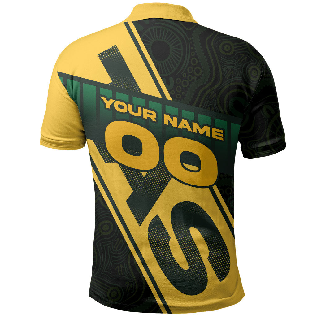 Personalised Tasmania Oztag Polo Shirt Black Gold Aboriginal Pattern