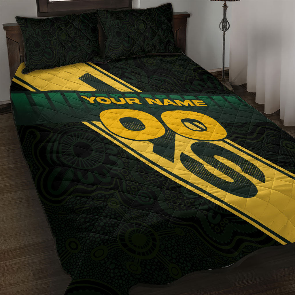 Personalised Tasmania Oztag Quilt Bed Set Black Gold Aboriginal Pattern