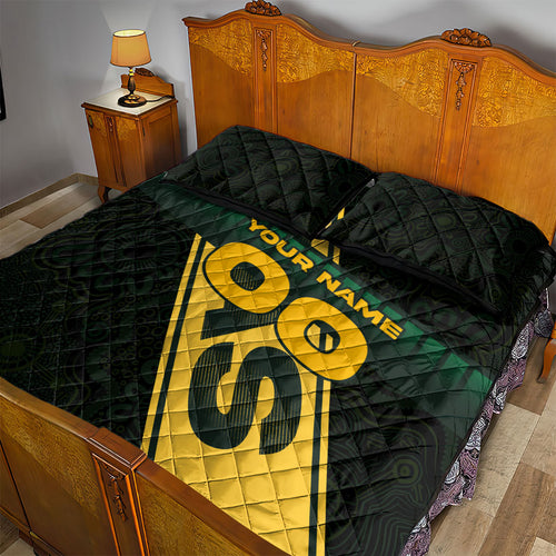 Personalised Tasmania Oztag Quilt Bed Set Black Gold Aboriginal Pattern