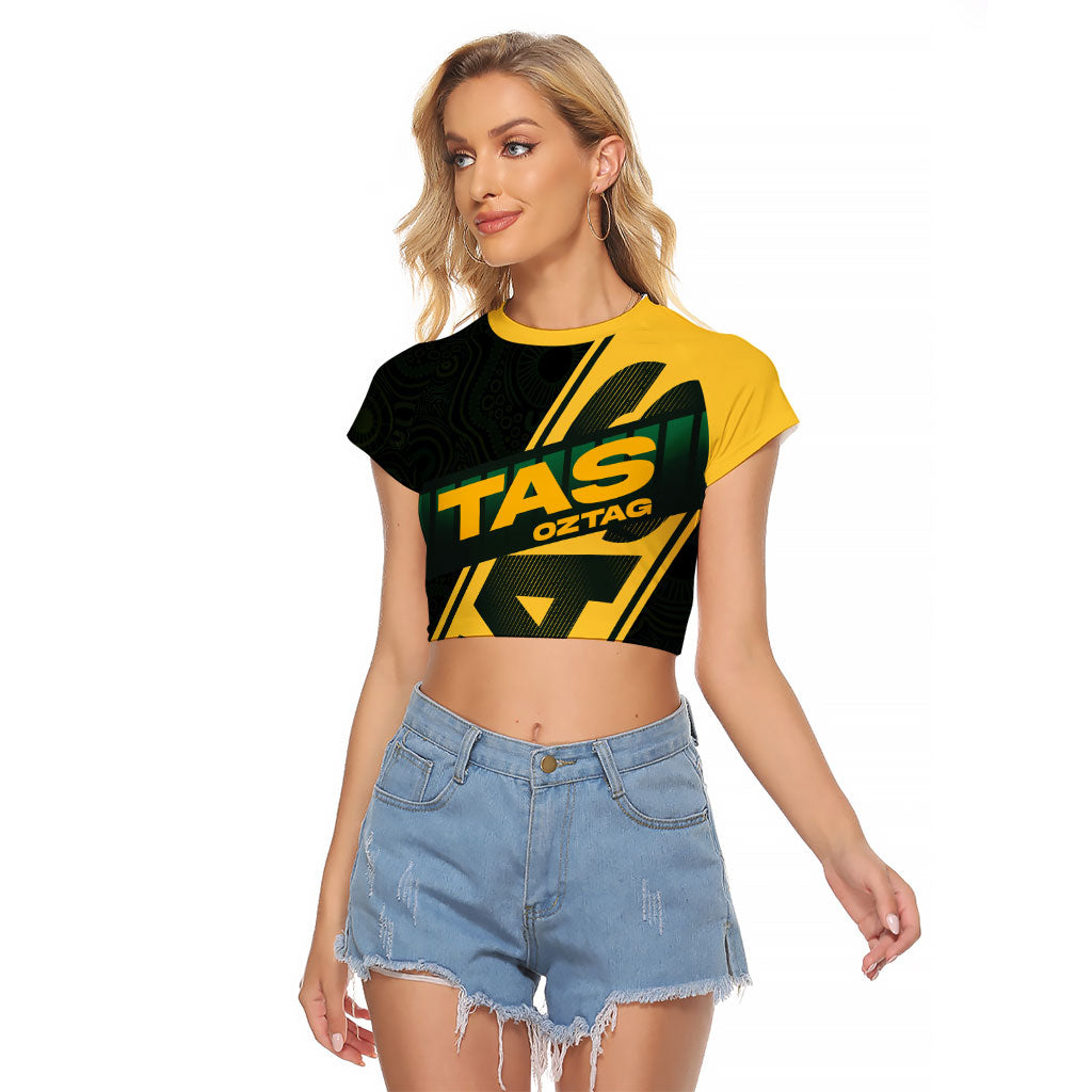 Personalised Tasmania Oztag Raglan Cropped T Shirt Black Gold Aboriginal Pattern