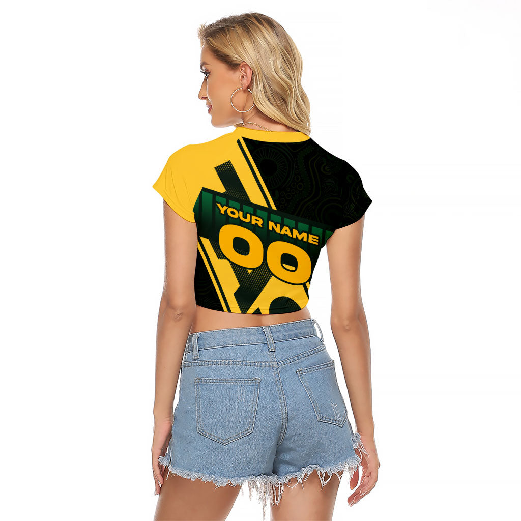 Personalised Tasmania Oztag Raglan Cropped T Shirt Black Gold Aboriginal Pattern