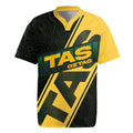 Personalised Tasmania Oztag Rugby Jersey Black Gold Aboriginal Pattern