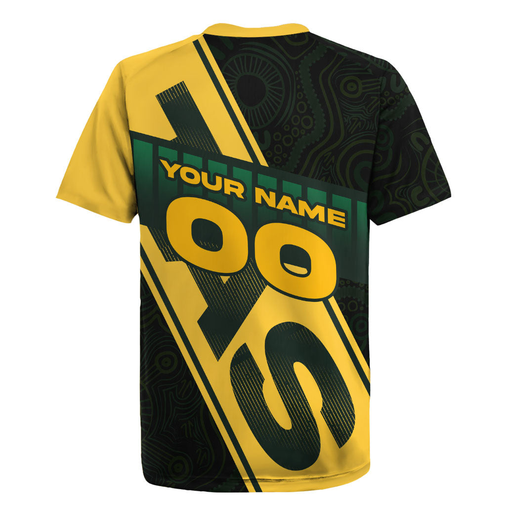Personalised Tasmania Oztag Rugby Jersey Black Gold Aboriginal Pattern