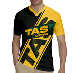 Personalised Tasmania Oztag Rugby Jersey Black Gold Aboriginal Pattern
