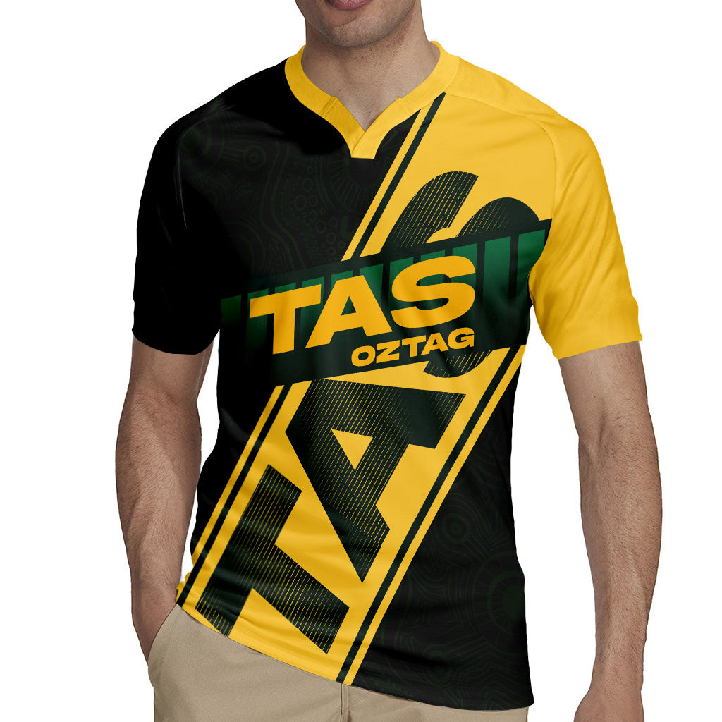 Personalised Tasmania Oztag Rugby Jersey Black Gold Aboriginal Pattern