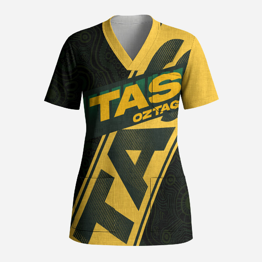 Personalised Tasmania Oztag Scrub Top Black Gold Aboriginal Pattern