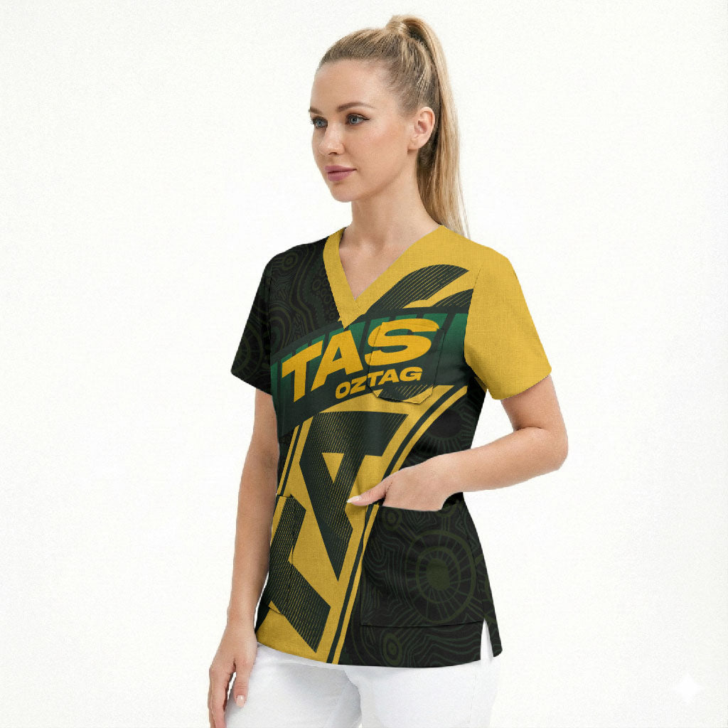 Personalised Tasmania Oztag Scrub Top Black Gold Aboriginal Pattern