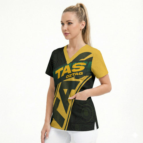 Personalised Tasmania Oztag Scrub Top Black Gold Aboriginal Pattern