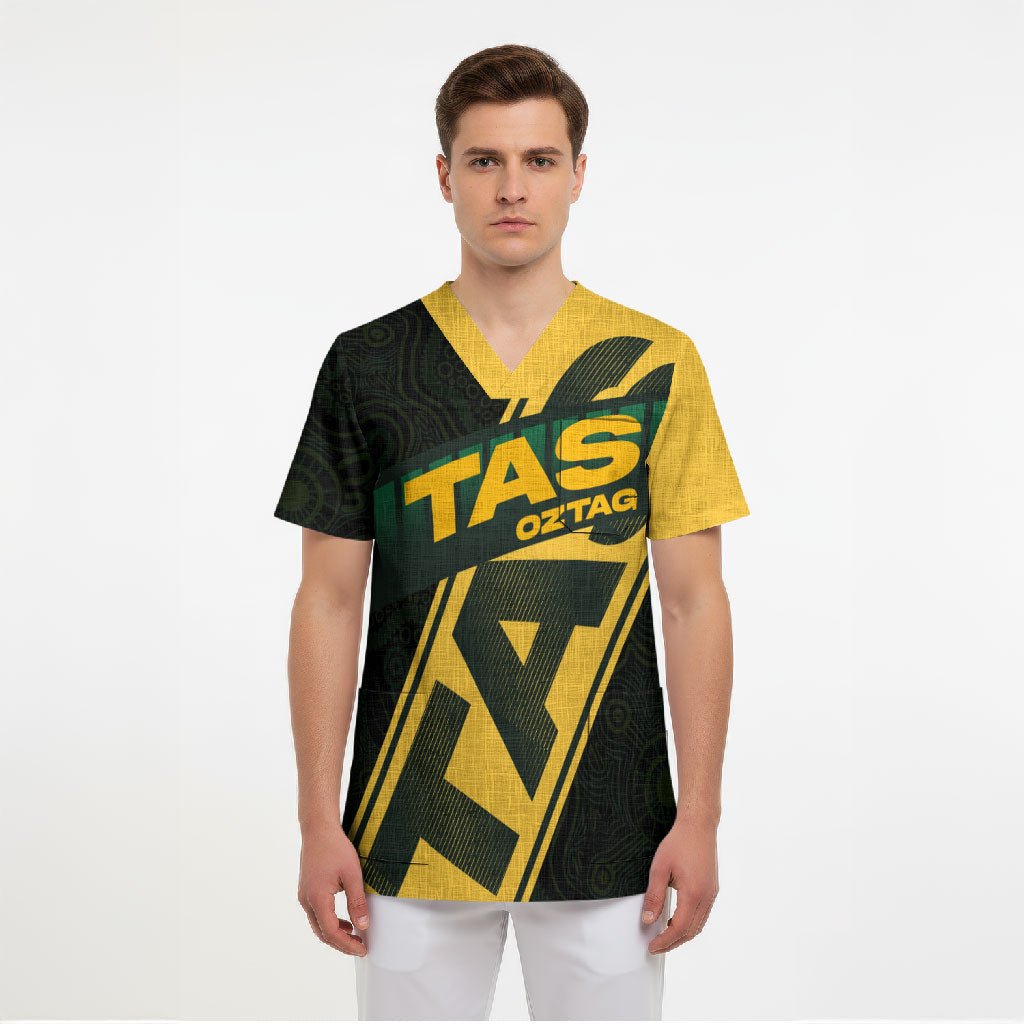 Personalised Tasmania Oztag Scrub Top Black Gold Aboriginal Pattern