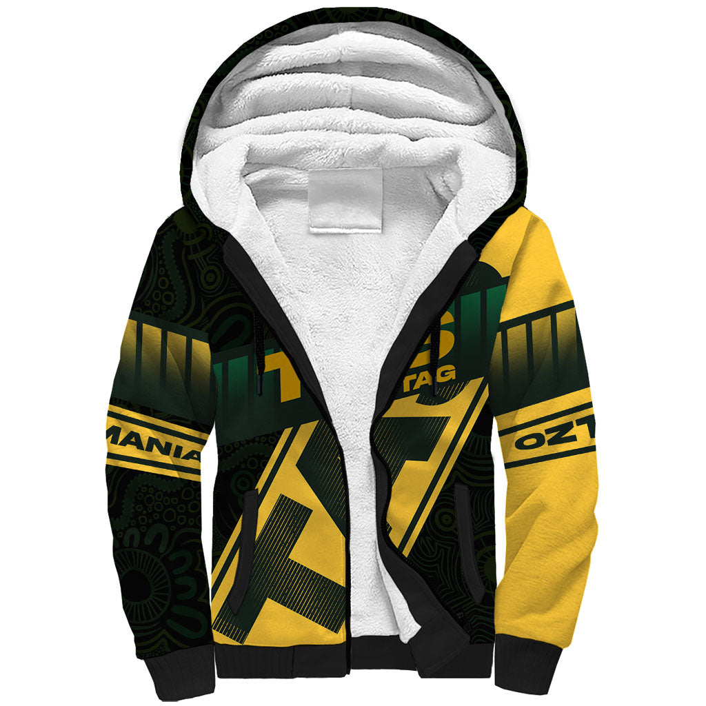 Personalised Tasmania Oztag Sherpa Hoodie Black Gold Aboriginal Pattern