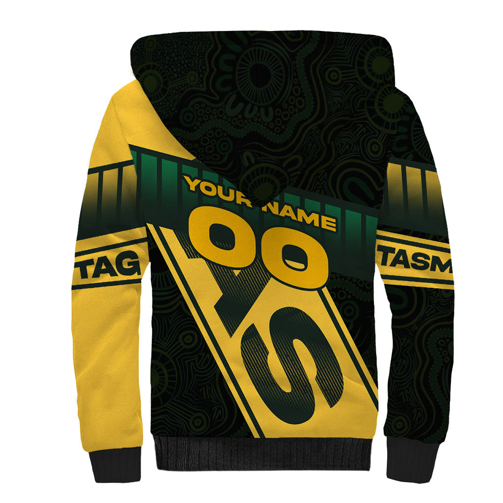 Personalised Tasmania Oztag Sherpa Hoodie Black Gold Aboriginal Pattern