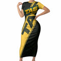 Personalised Tasmania Oztag Short Sleeve Bodycon Dress Black Gold Aboriginal Pattern