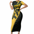 Personalised Tasmania Oztag Short Sleeve Bodycon Dress Black Gold Aboriginal Pattern
