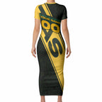 Personalised Tasmania Oztag Short Sleeve Bodycon Dress Black Gold Aboriginal Pattern