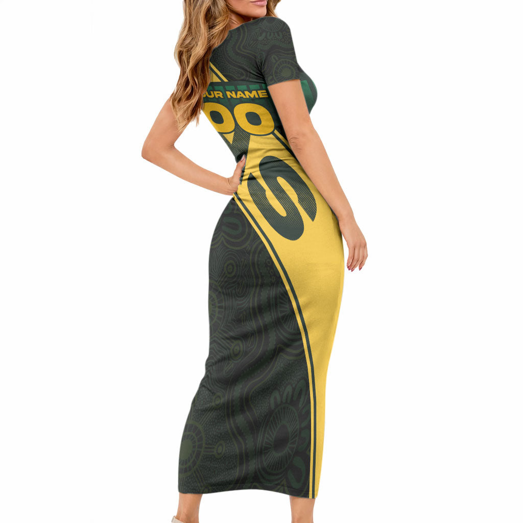 Personalised Tasmania Oztag Short Sleeve Bodycon Dress Black Gold Aboriginal Pattern