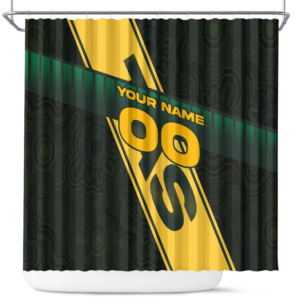 Personalised Tasmania Oztag Shower Curtain Black Gold Aboriginal Pattern