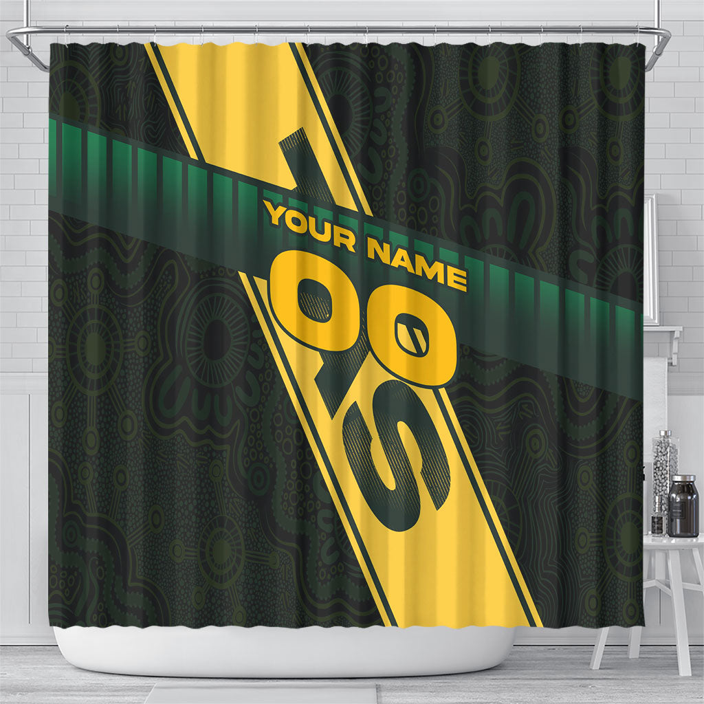 Personalised Tasmania Oztag Shower Curtain Black Gold Aboriginal Pattern