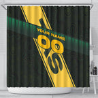 Personalised Tasmania Oztag Shower Curtain Black Gold Aboriginal Pattern