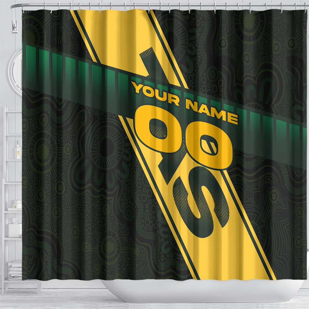 Personalised Tasmania Oztag Shower Curtain Black Gold Aboriginal Pattern