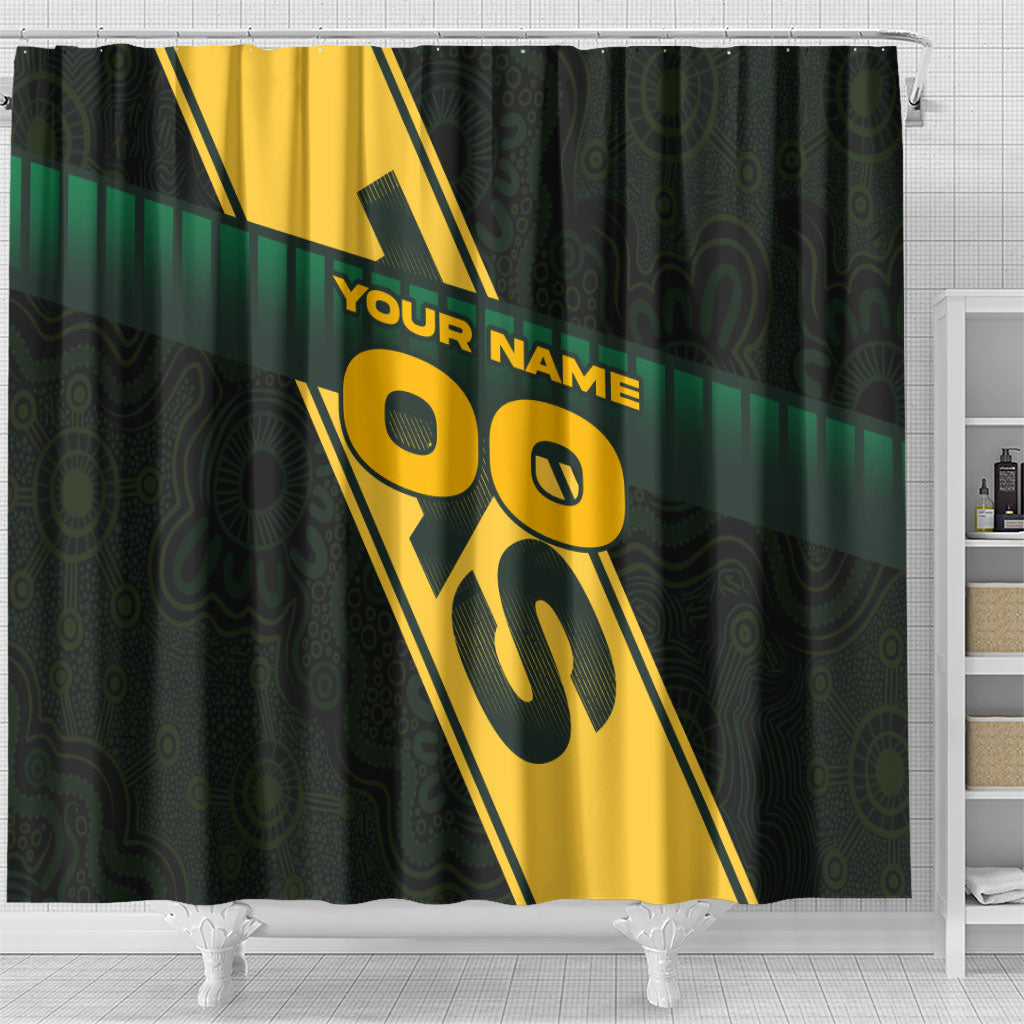 Personalised Tasmania Oztag Shower Curtain Black Gold Aboriginal Pattern