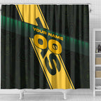 Personalised Tasmania Oztag Shower Curtain Black Gold Aboriginal Pattern
