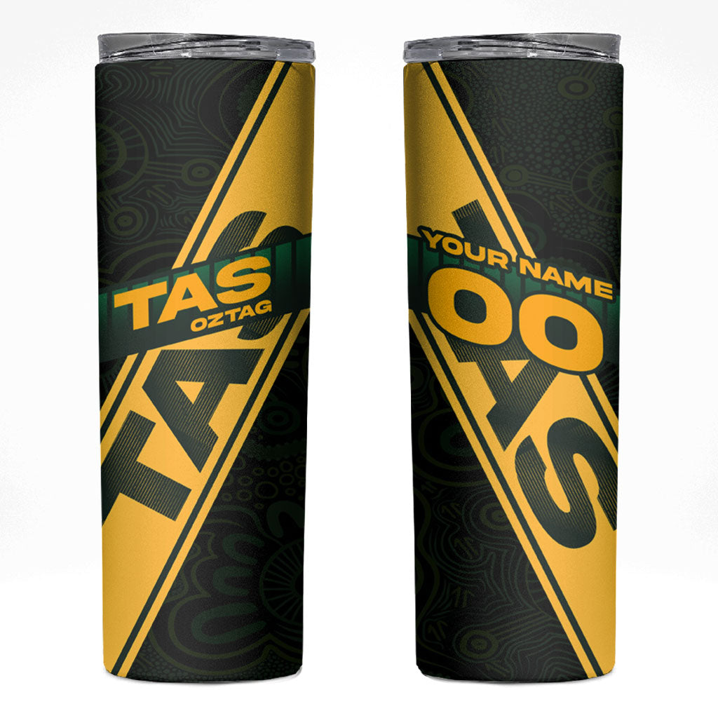 Personalised Tasmania Oztag Skinny Tumbler Black Gold Aboriginal Pattern