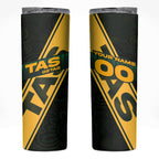 Personalised Tasmania Oztag Skinny Tumbler Black Gold Aboriginal Pattern