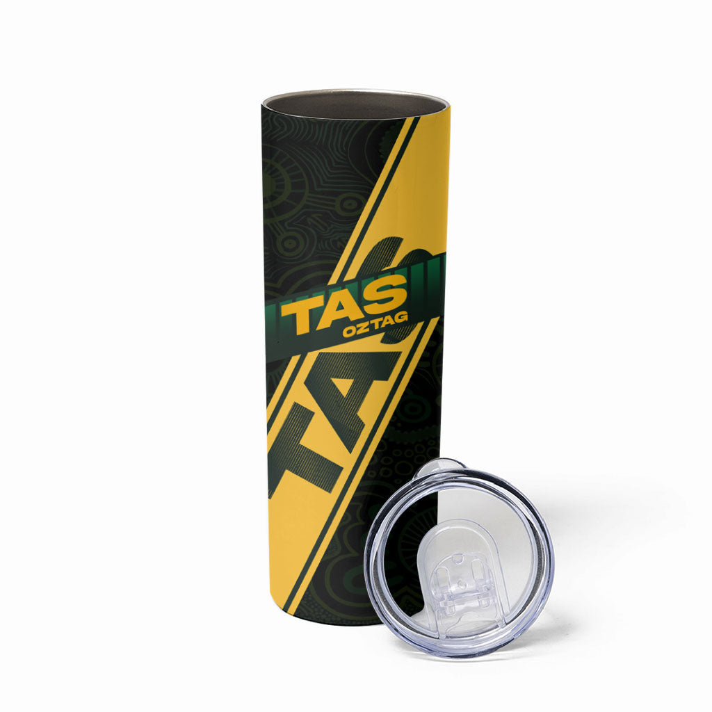 Personalised Tasmania Oztag Skinny Tumbler Black Gold Aboriginal Pattern