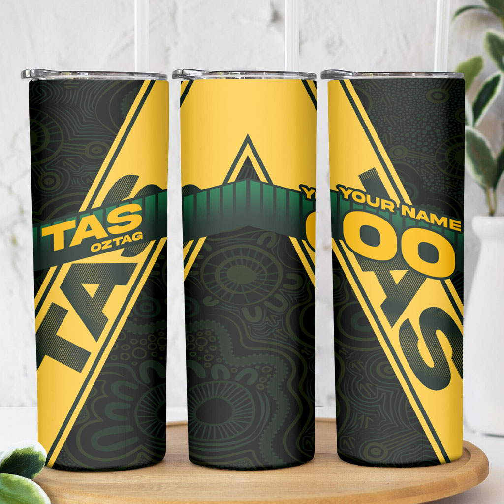 Personalised Tasmania Oztag Skinny Tumbler Black Gold Aboriginal Pattern