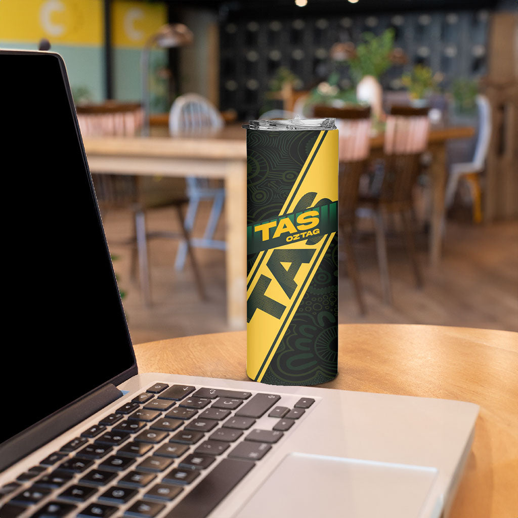Personalised Tasmania Oztag Skinny Tumbler Black Gold Aboriginal Pattern