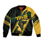 Personalised Tasmania Oztag Sleeve Zip Bomber Jacket Black Gold Aboriginal Pattern