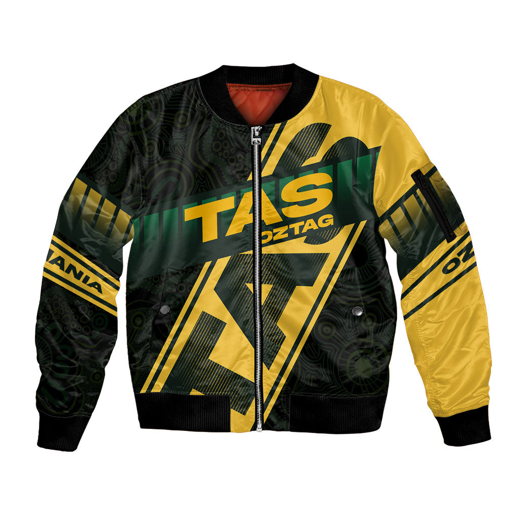 Personalised Tasmania Oztag Sleeve Zip Bomber Jacket Black Gold Aboriginal Pattern