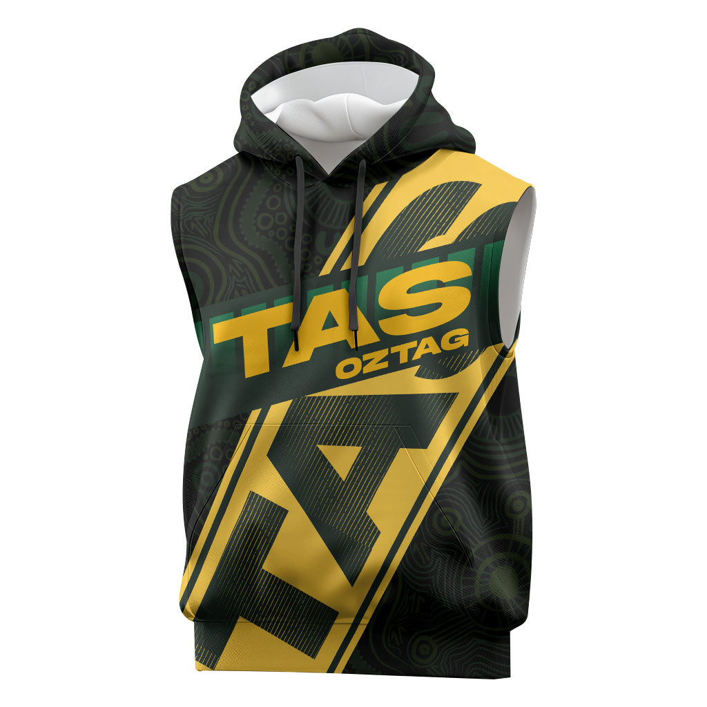 Personalised Tasmania Oztag Sleeveless Hoodie Black Gold Aboriginal Pattern