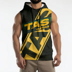 Personalised Tasmania Oztag Sleeveless Hoodie Black Gold Aboriginal Pattern