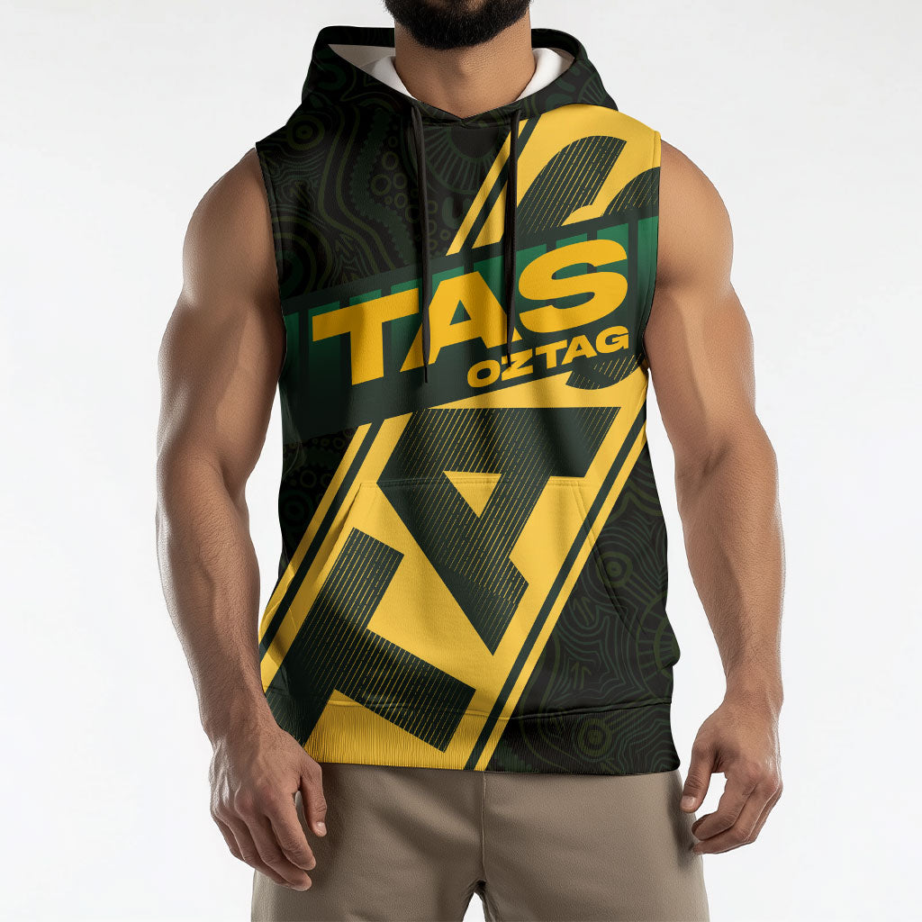 Personalised Tasmania Oztag Sleeveless Hoodie Black Gold Aboriginal Pattern