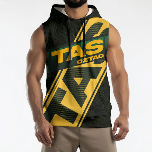 Personalised Tasmania Oztag Sleeveless Hoodie Black Gold Aboriginal Pattern