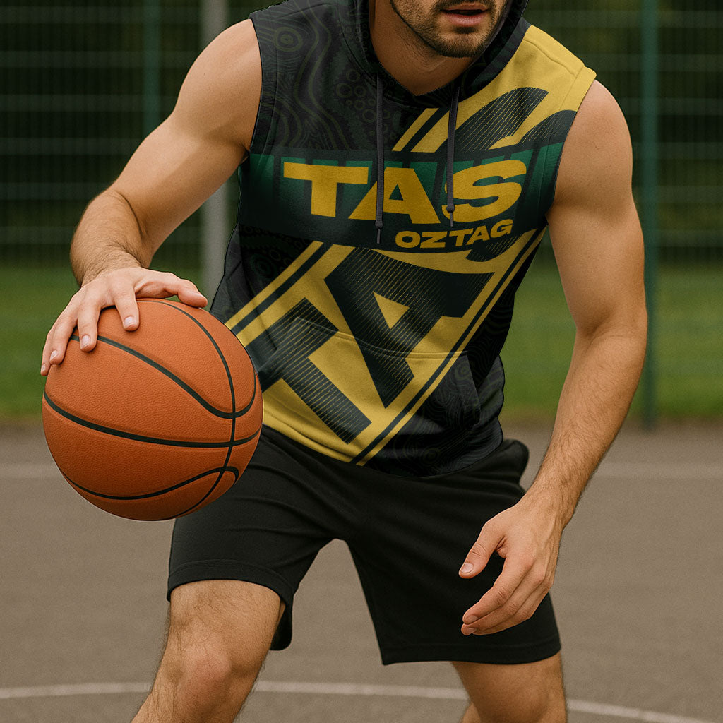 Personalised Tasmania Oztag Sleeveless Hoodie Black Gold Aboriginal Pattern