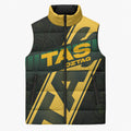 Personalised Tasmania Oztag Sleeveless Puffer Jacket Black Gold Aboriginal Pattern