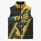 Personalised Tasmania Oztag Sleeveless Puffer Jacket Black Gold Aboriginal Pattern