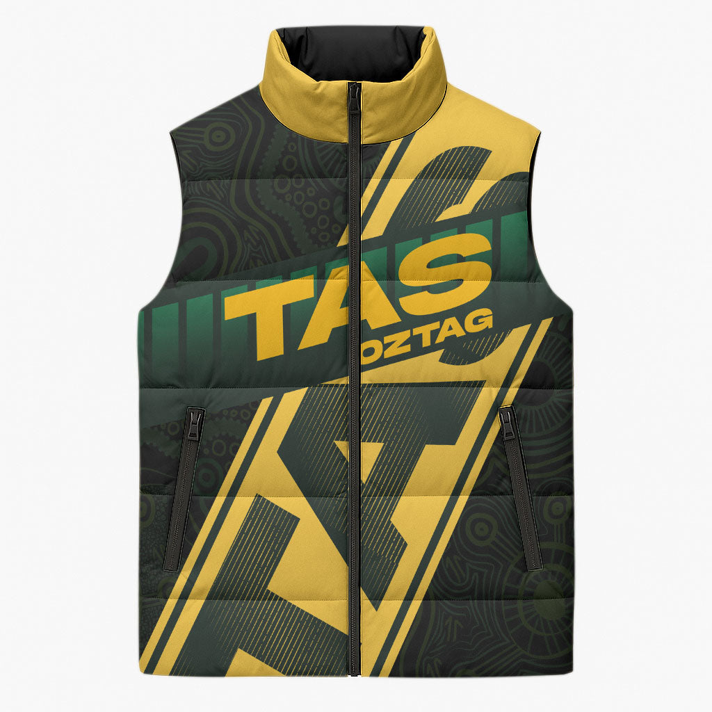 Personalised Tasmania Oztag Sleeveless Puffer Jacket Black Gold Aboriginal Pattern