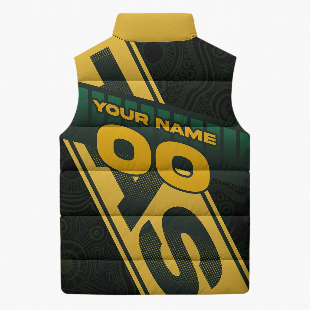 Personalised Tasmania Oztag Sleeveless Puffer Jacket Black Gold Aboriginal Pattern