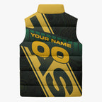 Personalised Tasmania Oztag Sleeveless Puffer Jacket Black Gold Aboriginal Pattern
