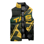 Personalised Tasmania Oztag Sleeveless Puffer Jacket Black Gold Aboriginal Pattern