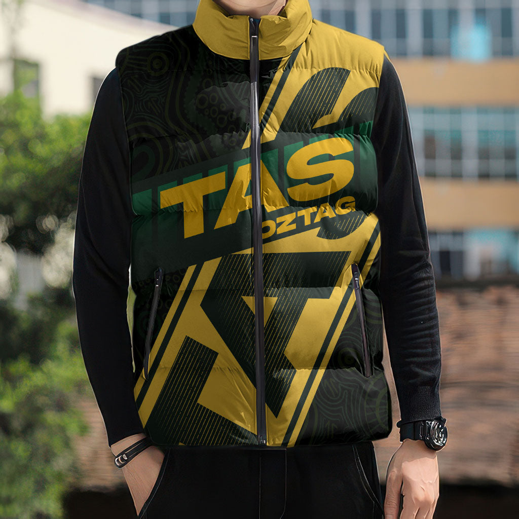 Personalised Tasmania Oztag Sleeveless Puffer Jacket Black Gold Aboriginal Pattern