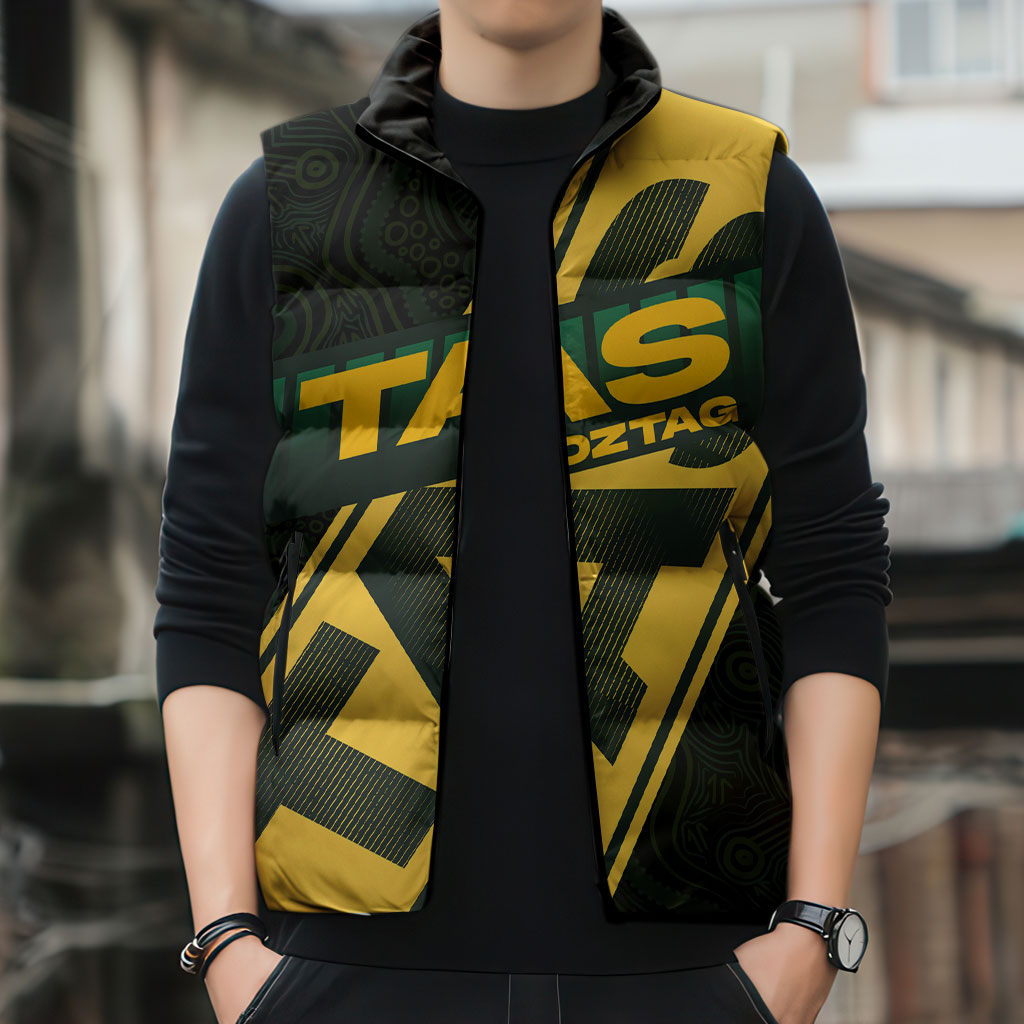 Personalised Tasmania Oztag Sleeveless Puffer Jacket Black Gold Aboriginal Pattern