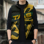 Personalised Tasmania Oztag Sleeveless Puffer Jacket Black Gold Aboriginal Pattern
