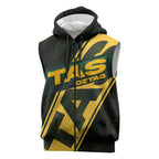 Personalised Tasmania Oztag Sleeveless Zip Hoodie Black Gold Aboriginal Pattern