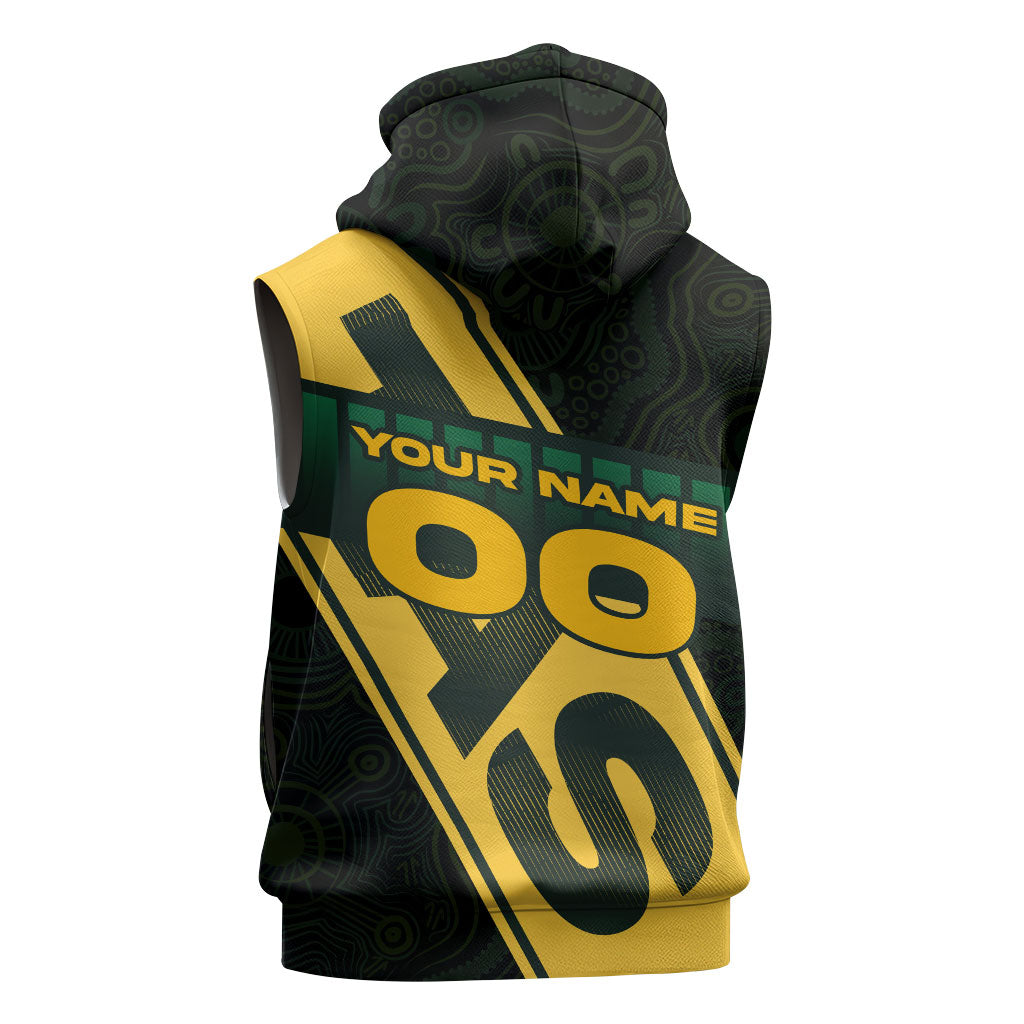 Personalised Tasmania Oztag Sleeveless Zip Hoodie Black Gold Aboriginal Pattern